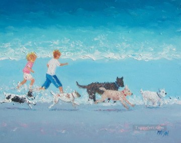犬の日のビーチで子供の印象派 Oil Paintings
